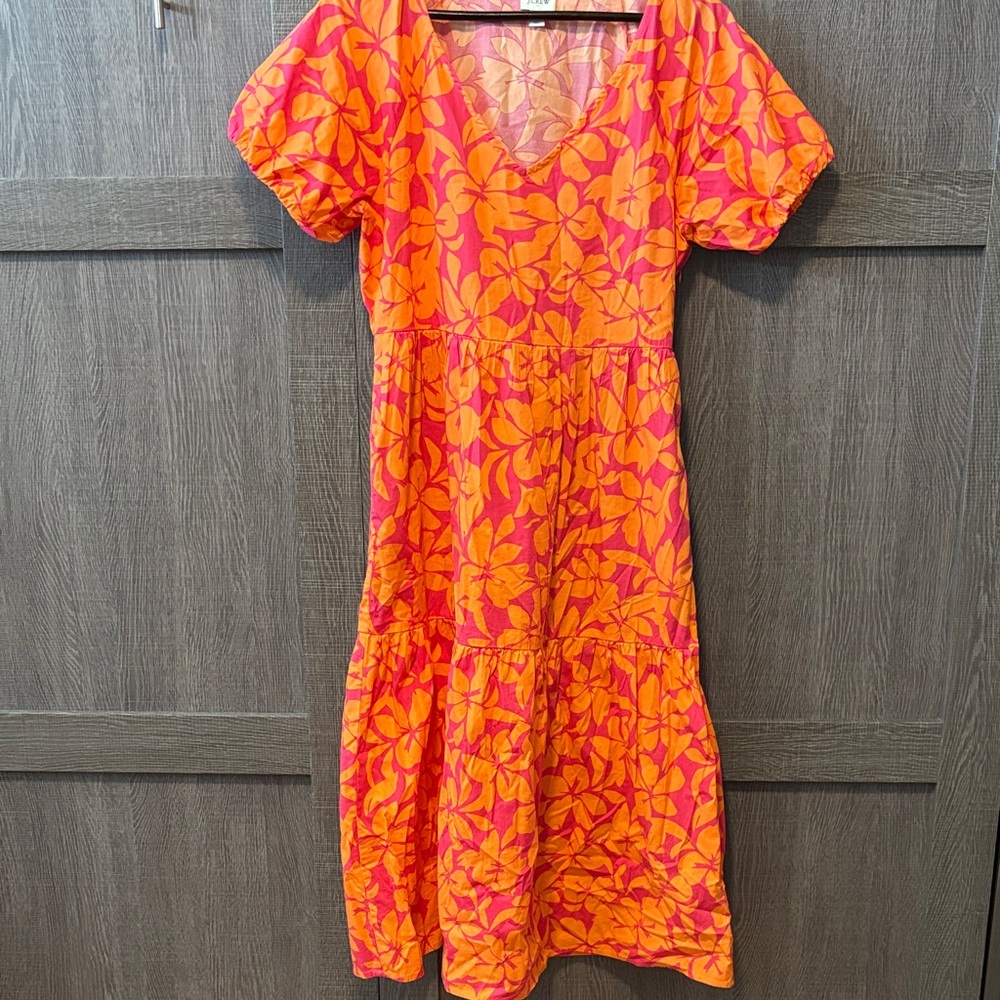 J. Crew Vivid Orange and Pink Leaf Midi Dress
